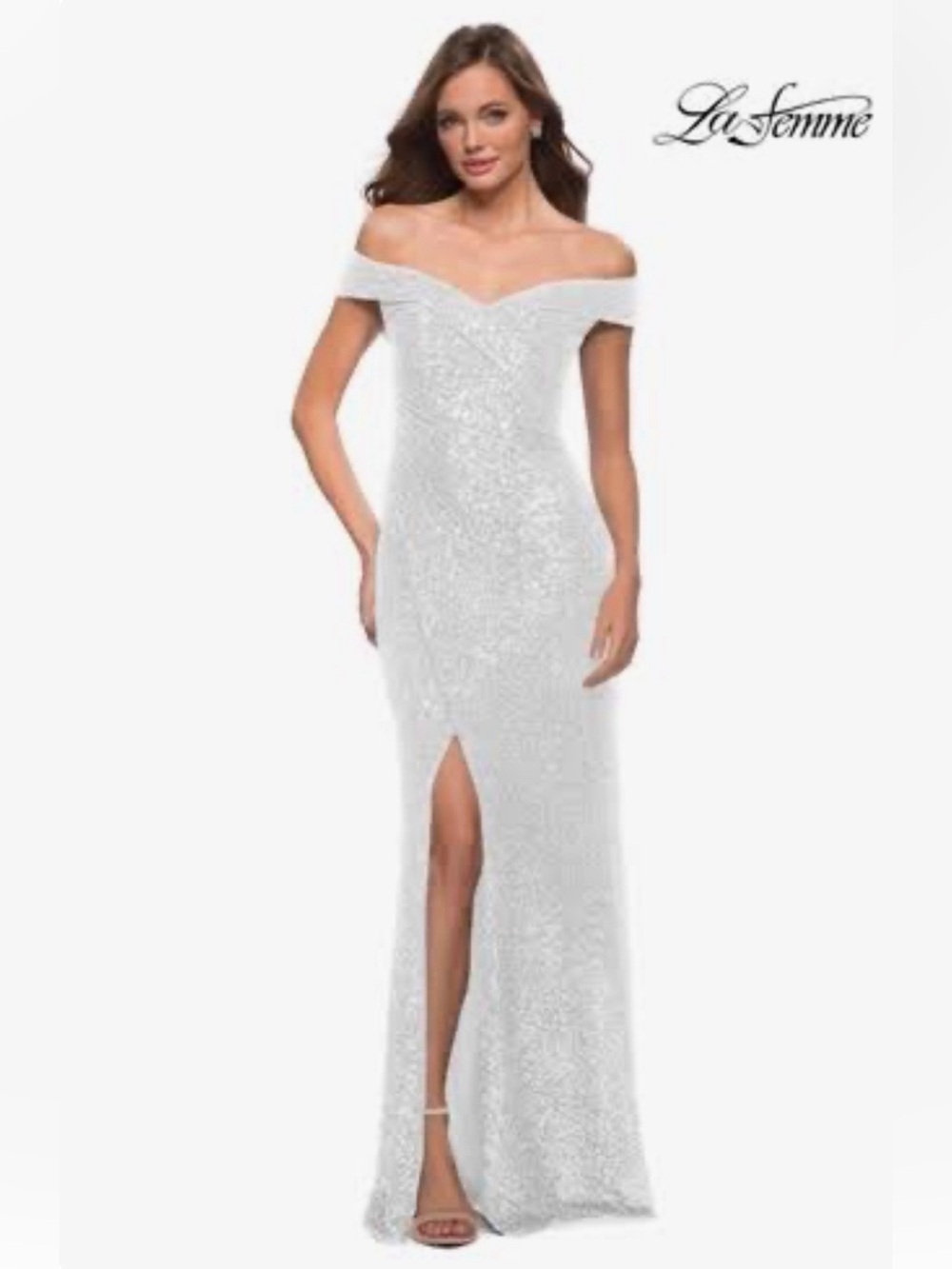 Off-Shoulder Glitter Evening Gown in White